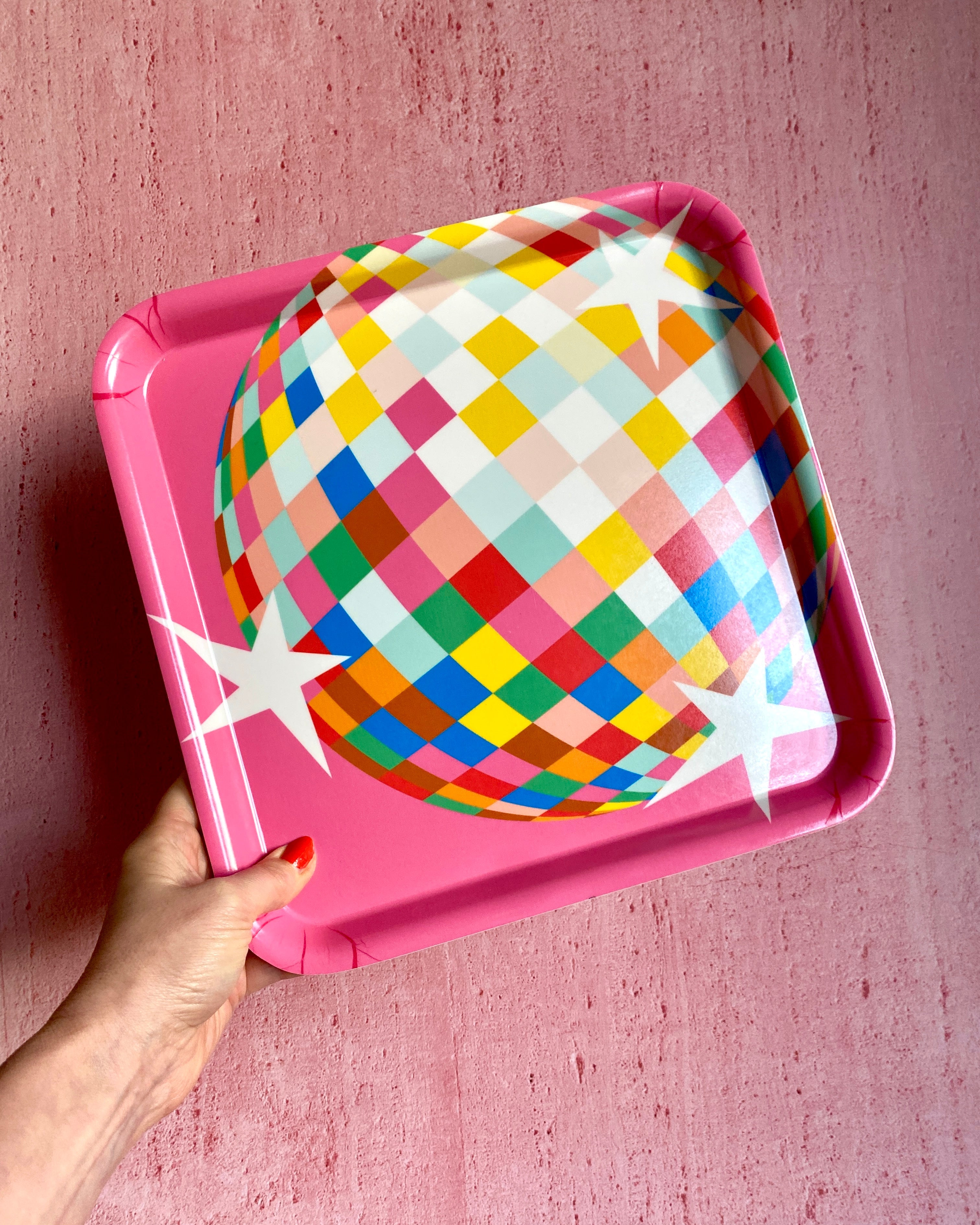 pink tray with multi colour disco ball print